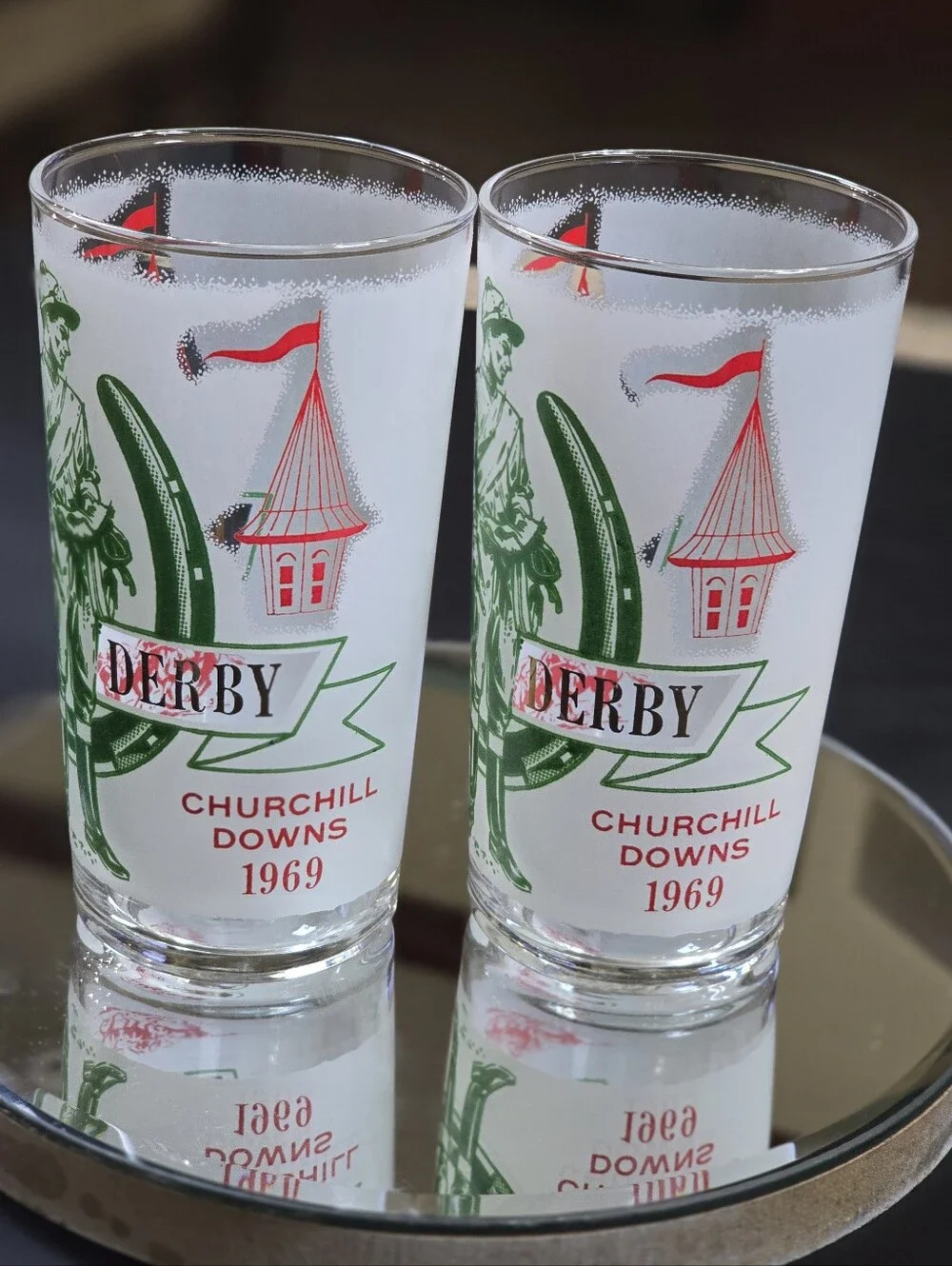 Vintage Kentucky Derby Churchill Downs 1969 Frosted Mint Julep Glass Set Of 2